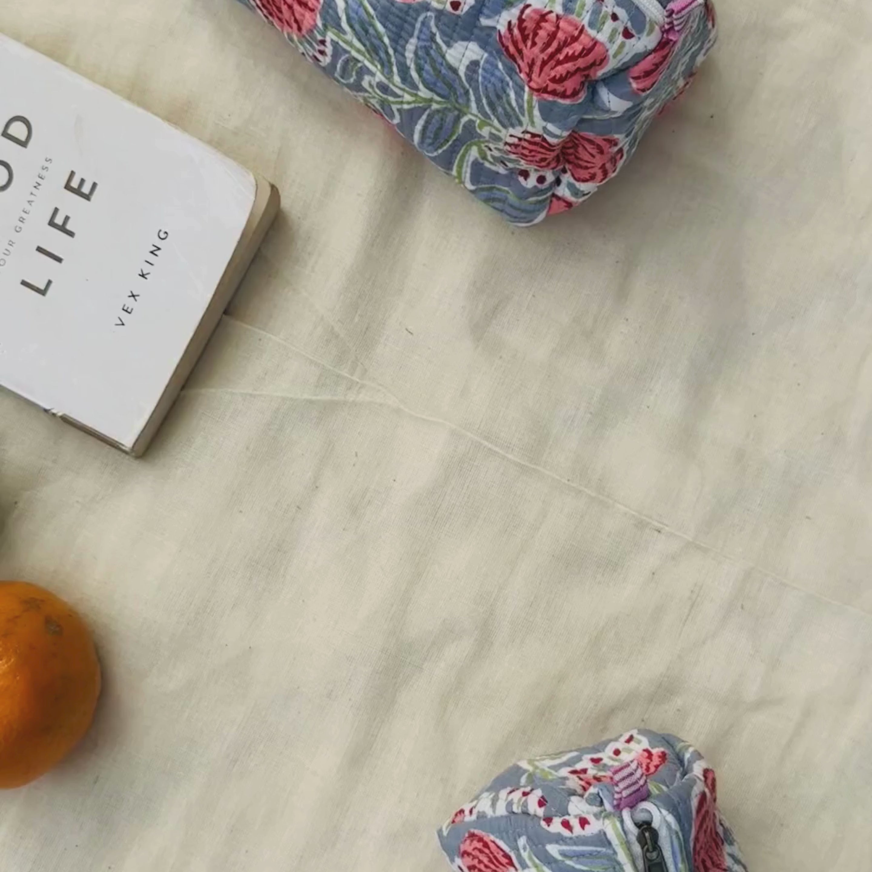 Quilted 3-Piece Pouch Set - Light Blue & Pink Floral