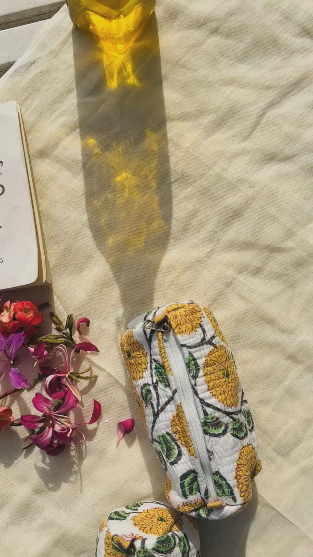 Quilted 3-Piece Pouch Set - Off-White & Yellow Floral