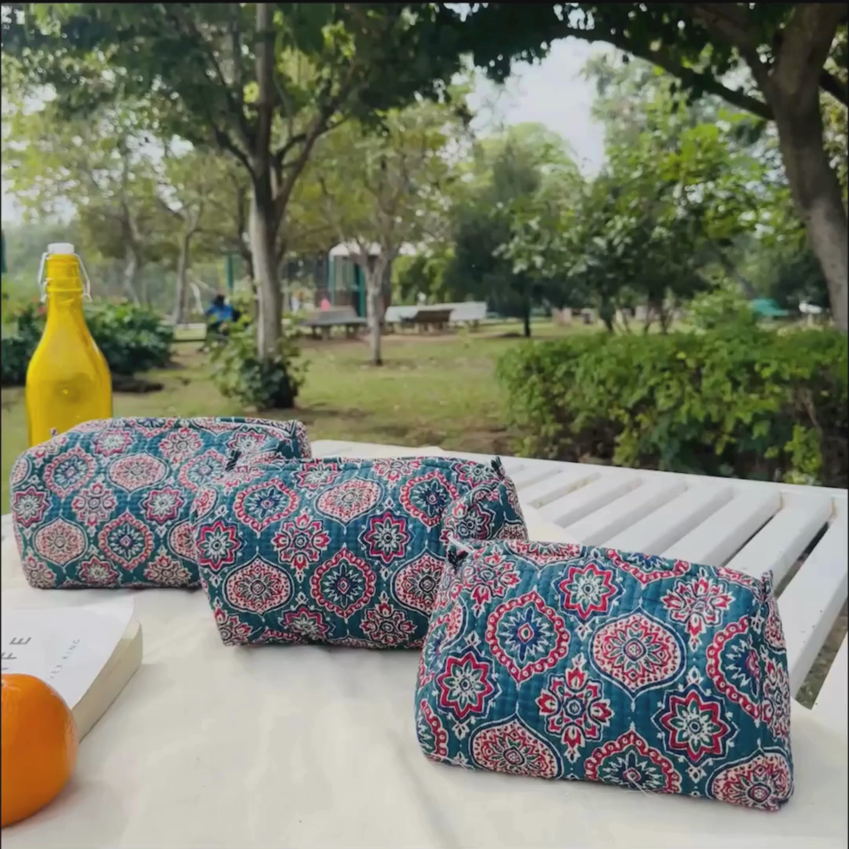 Quilted 3-Piece Pouch Set - Green & Red Print