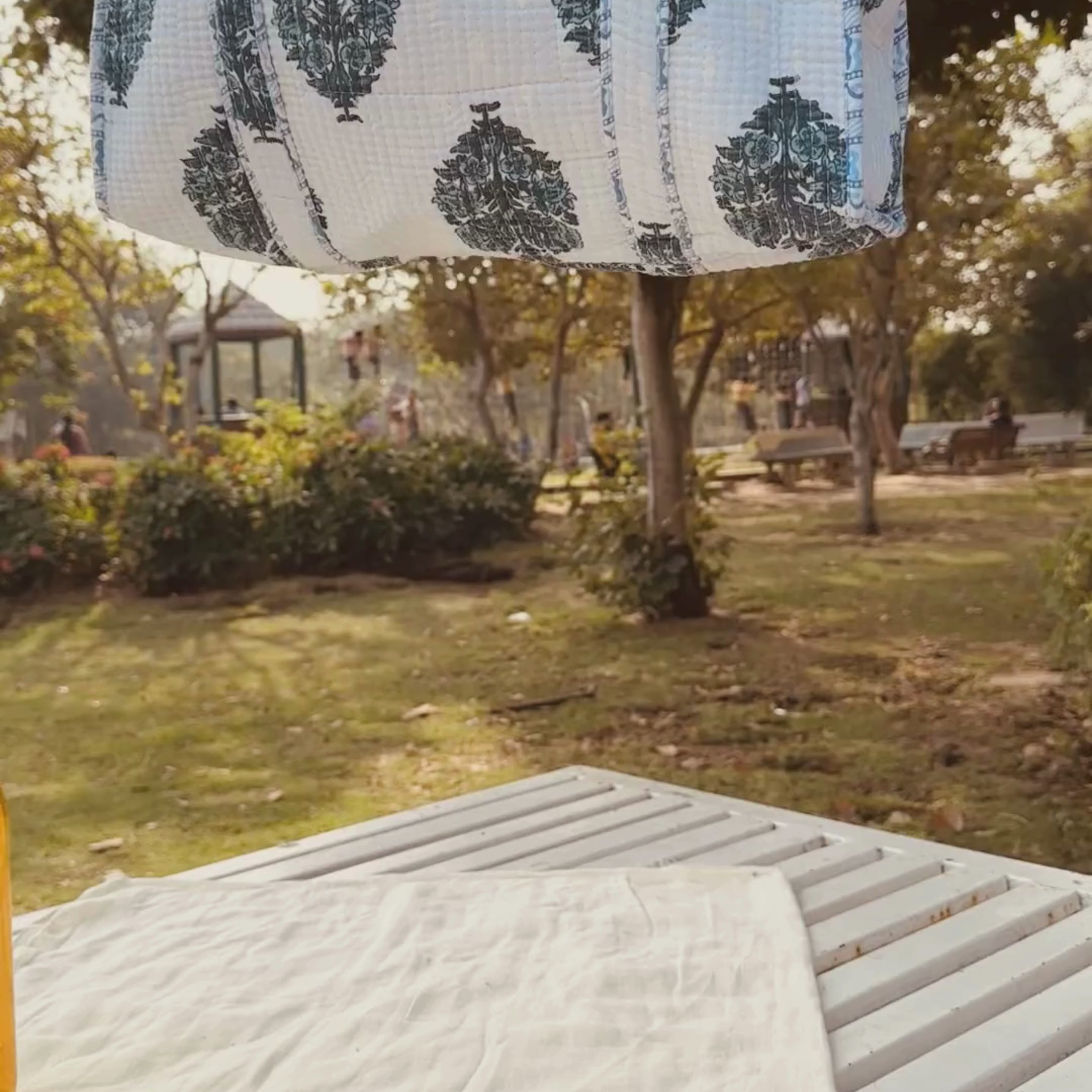 Quilted Cotton Tote Bag (Large) – Ivory White with Teal Block Print