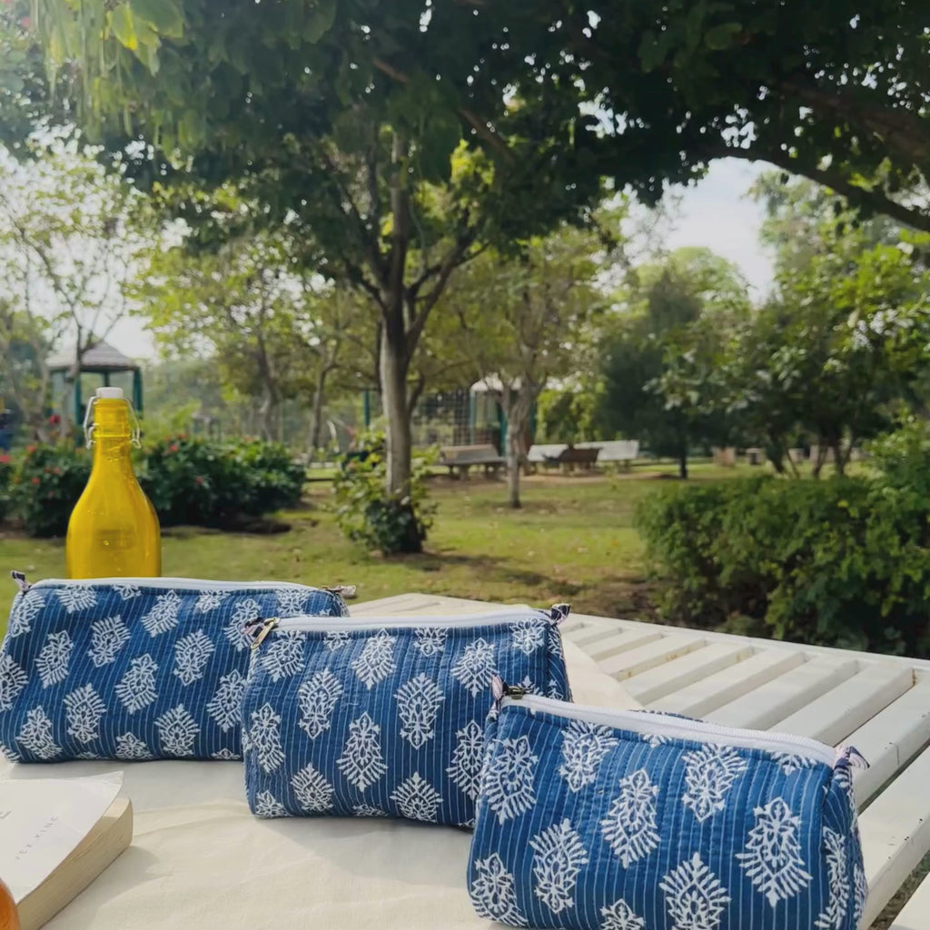 Quilted 3-Piece Pouch Set - Blue Block Print